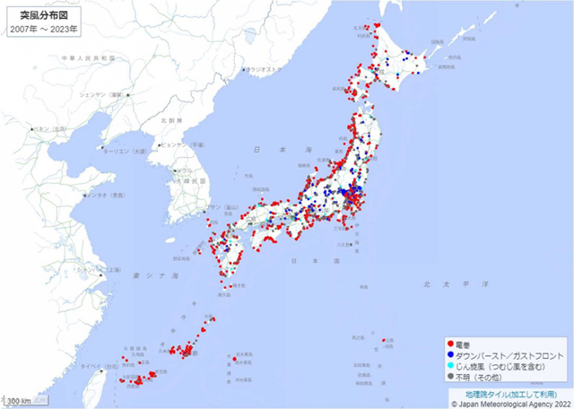 P4 1 竜巻等の突風発生確認分布図（2007～2023年） - 竜巻等突風の強さ／<br>防災気象情報 見直し案