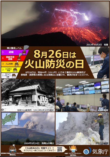 P3 1 「8月26日は火山防災の日」（気象庁ポスターより） - 8月26日は「火山防災の日」<br>　活動火山を知ろう！