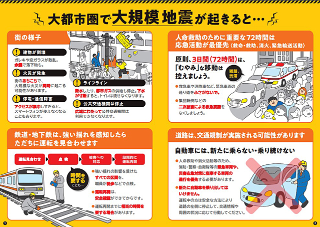 P4 1 「あなたの待機がだれかを救う～考えてみよう！大規模地震発生時の帰宅行動～」（見開きリーフレット P - 帰宅困難者等対策ガイドラインの改定