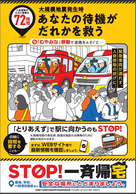 P4 2 「あなたの待機がだれかを救う」（チラシ縦・黄色の例） - 帰宅困難者等対策ガイドラインの改定