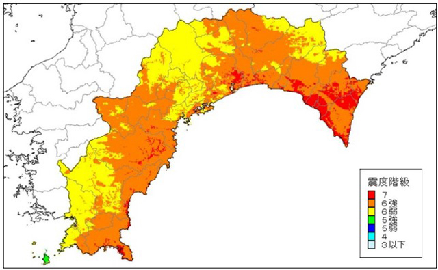 P4 3a 南海トラフ巨大地震の震度分布（高知県地域防災計画より） - 「城博」企画展<br>「高知の地震災害史」、<br>2025年3月～5月に