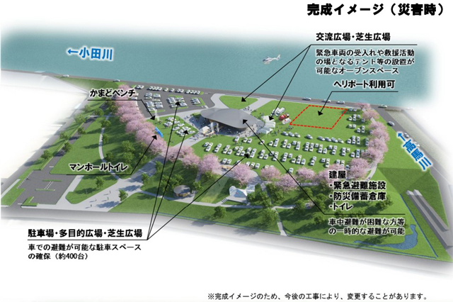 P6 1b まびふれあい公園（復興防災公園）の計画段階での完成イメージより「災害時」 - 復興防災「まびふれあい公園」オープン