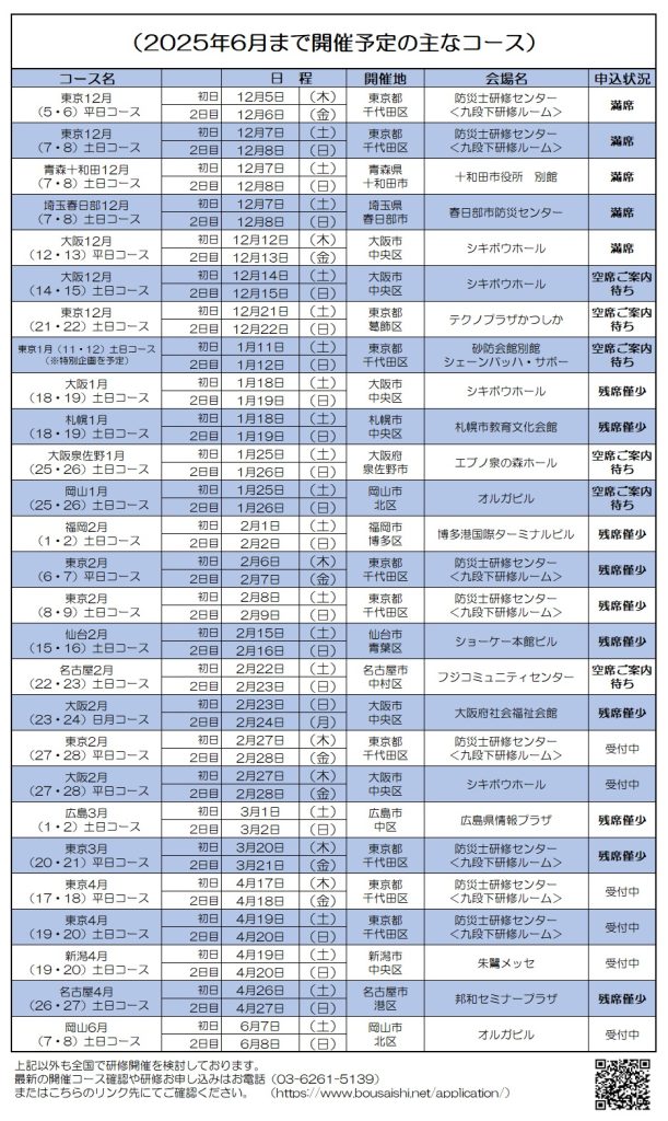 2025年6月まで開催予定の主なコース 1 611x1024 - 防災士になる。<br>防災士研修センター ［広報］<br> 最新研修コース情報<br> 2024. 12. 03.